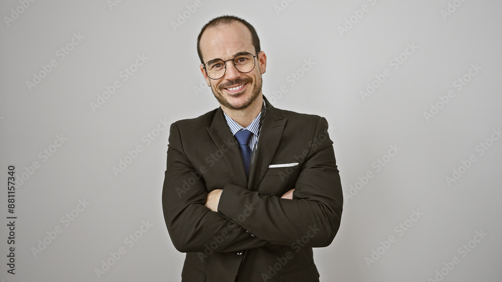 Portrait of a confident hispanic bald man with a beard, wearing a suit and glasses against a white background. Portrait of a confident hispanic bald man with a beard, wearing a suit and glasses against a white background.