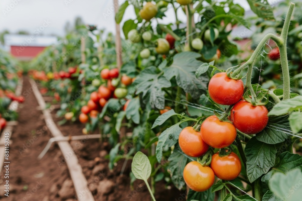 Rows of ripe red tomatoes growing on plants in a garden Rows of ripe red tomatoes growing on plants in a garden