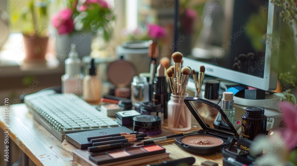 A beauty blogger's desk filled with the latest makeup products A beauty blogger's desk filled with the latest makeup products
