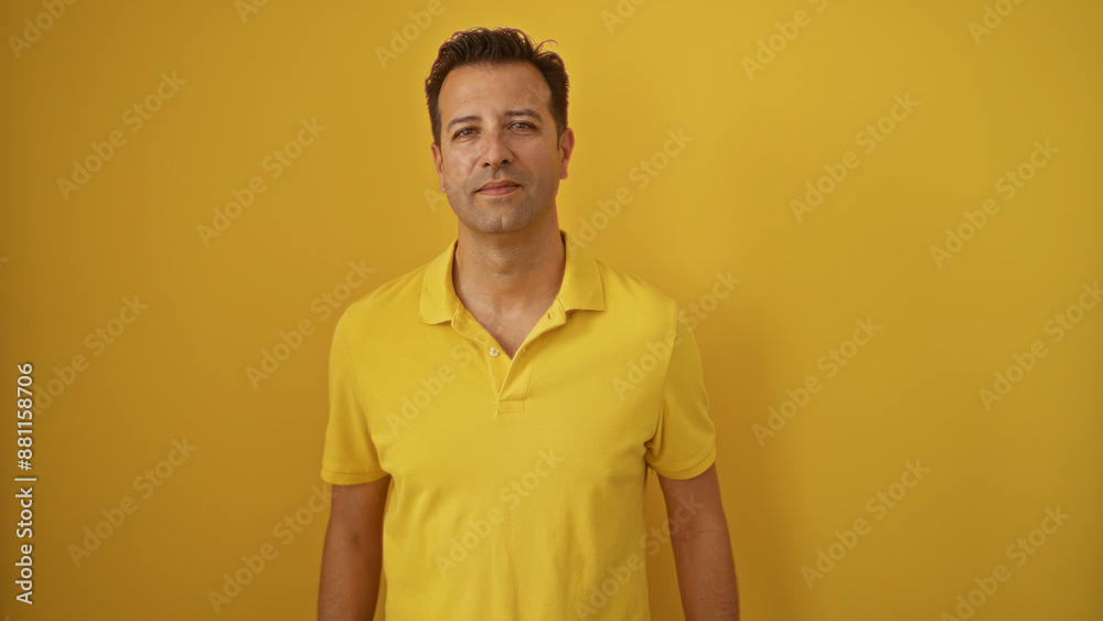 Middle-aged hispanic man standing in front of a yellow wall wearing a yellow polo shirt, presenting a vibrant and cheerful expression Middle-aged hispanic man standing in front of a yellow wall wearing a yellow polo shirt, presenting a vibrant and cheerful expression