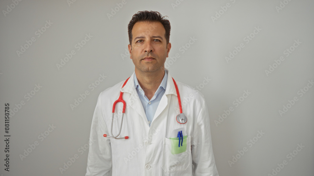Handsome hispanic man in white doctor's coat holding stethoscope over isolated white background Handsome hispanic man in white doctor's coat holding stethoscope over isolated white background