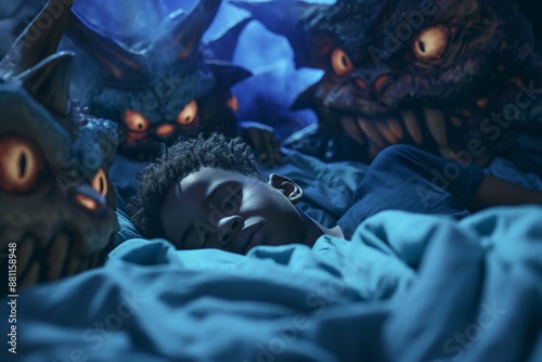 Anxiety-filled dreams of scary monsters invade this child's peaceful sleep. Sleeping boy envisions horrific monsters dark fantasy world. Nighttime tranquility disrupted anxieties and nightmares.