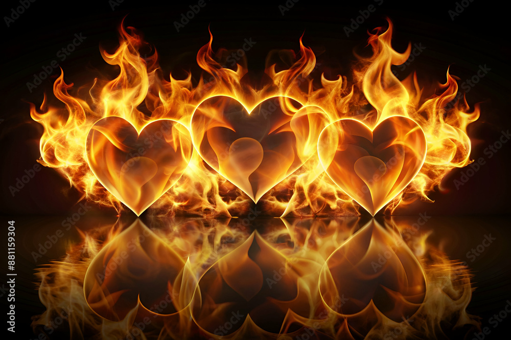 Fototapeta premium Three hearts are lit up in flames, creating a fiery and passionate atmosphere. The flames seem to be dancing around the hearts, emphasizing their intensity and beauty. Concept of love, desire