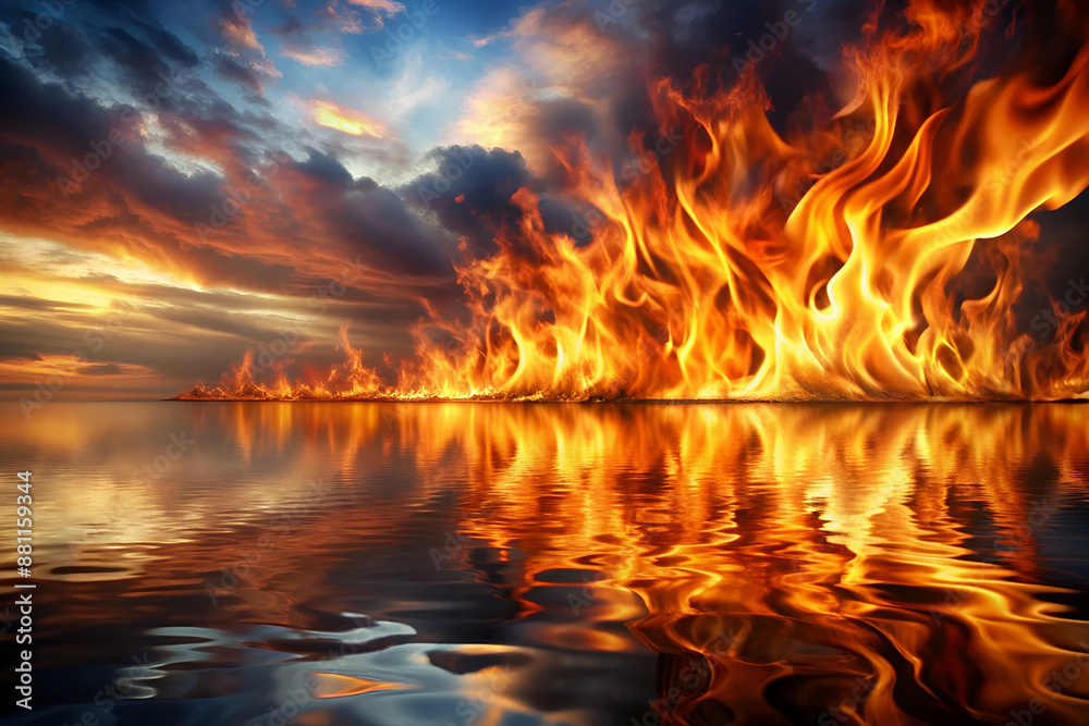 A beautiful sunset with a large fire in the background. The fire is reflected in the water, creating a sense of depth and movement. The scene is both serene and powerful A beautiful sunset with a large fire in the background. The fire is reflected in the water, creating a sense of depth and movement. The scene is both serene and powerful