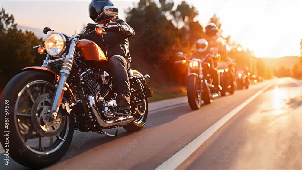 Motorcycles lined up along a sunny road on a clear day. Concept Motorcycle, Sunny Day, Roadtrip, Outdoor Adventure, Clear Skies Motorcycles lined up along a sunny road on a clear day. Concept Motorcycle, Sunny Day, Roadtrip, Outdoor Adventure, Clear Skies