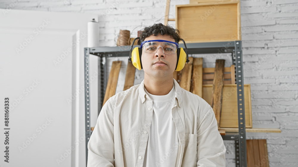 A young man wearing safety goggles and headphones stands confidently in a carpenter workshop surrounded by wooden planks and shelves.