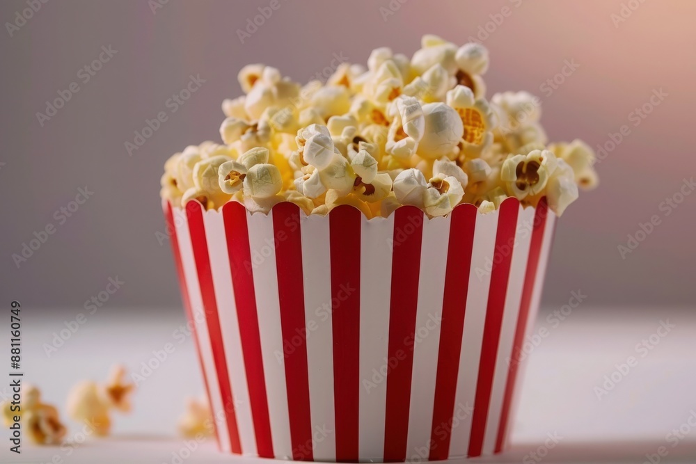 A red and white striped popcorn bucket overflows with fluffy, buttery popcorn, ready for a night of movie-watching and snacking. A red and white striped popcorn bucket overflows with fluffy, buttery popcorn, ready for a night of movie-watching and snacking.