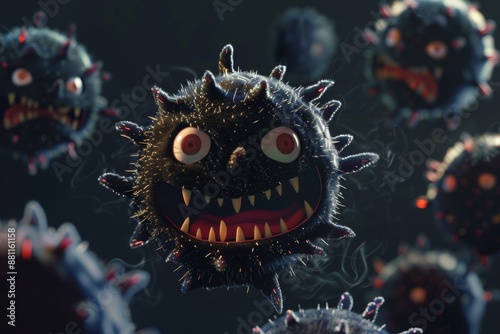 Virus features cute facial expressions making it seem quite friendly. Virus dons tee appearing neither menacing nor malicious. Blend of science and fun merging how we see pathogens. photo