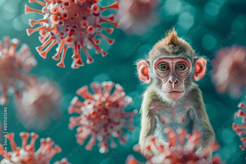 Creative and funny illustration of monkey's head virus. Humorous portrayal of virus cartoon monkey face. Eccentric interpretation of viral biology cartoon imagery.