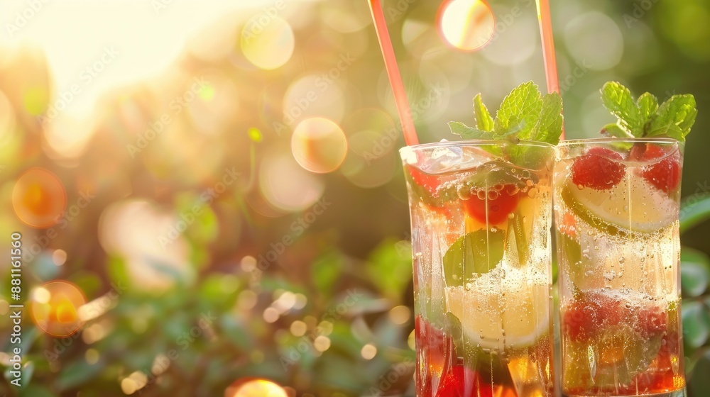 Refreshing summer cocktails in a blurred background Refreshing summer cocktails in a blurred background