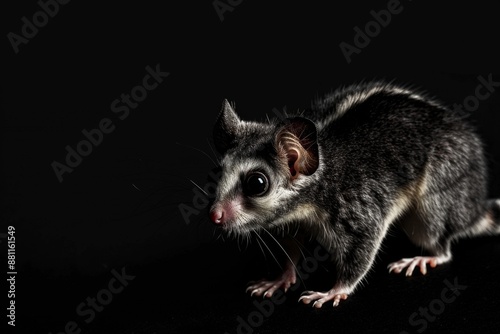 the beside view Central Sugar Glider, left side view, white copy space on right, isolated on black background