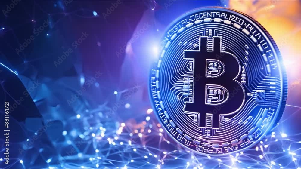 Bitcoin logo in blue and yellow color symbolizing blockchain technology connection. Concept Blockchain Technology, Bitcoin Logo, Blue and Yellow Colors, Cryptocurrency Symbolism Bitcoin logo in blue and yellow color symbolizing blockchain technology connection. Concept Blockchain Technology, Bitcoin Logo, Blue and Yellow Colors, Cryptocurrency Symbolism