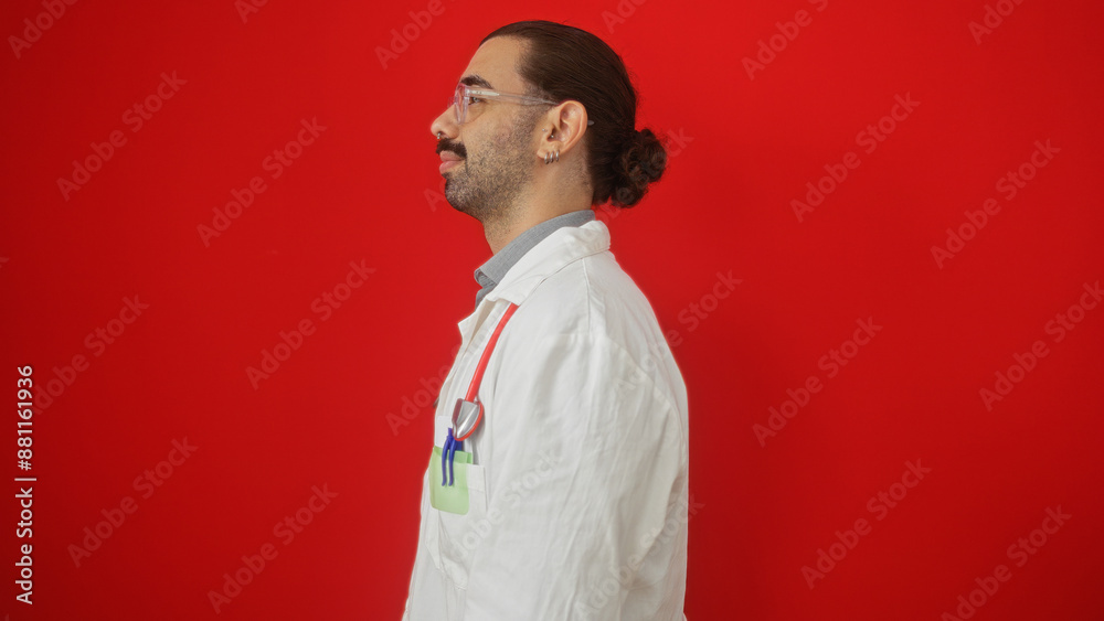 Young hispanic man with moustache wearing white lab coat and stethoscope standing isolated against a vibrant red background Young hispanic man with moustache wearing white lab coat and stethoscope standing isolated against a vibrant red background