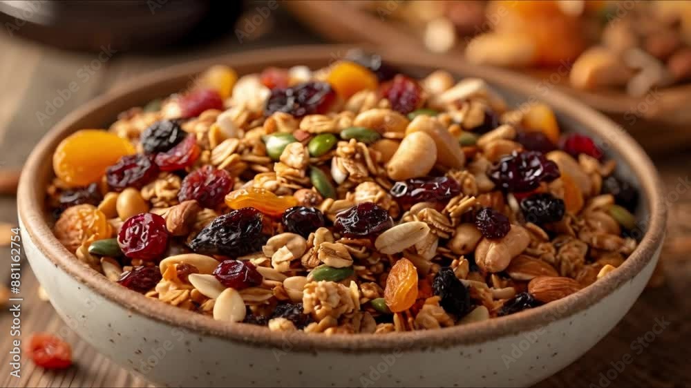Nutritious granola bowl with dried fruits a perfect start to the day. Concept Healthy Breakfast, Granola Tips, Dried Fruits, Morning Energy Nutritious granola bowl with dried fruits a perfect start to the day. Concept Healthy Breakfast, Granola Tips, Dried Fruits, Morning Energy