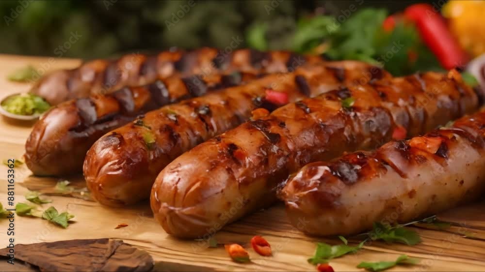 Grilled sausages on a wooden board a delicious and savory display. Concept Food Photography, Grilled Sausages, Wooden Board, Savory Display, Delicious Dish Grilled sausages on a wooden board a delicious and savory display. Concept Food Photography, Grilled Sausages, Wooden Board, Savory Display, Delicious Dish