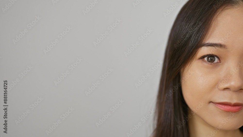 Close-up of a serene young asian woman isolated against a white background Close-up of a serene young asian woman isolated against a white background