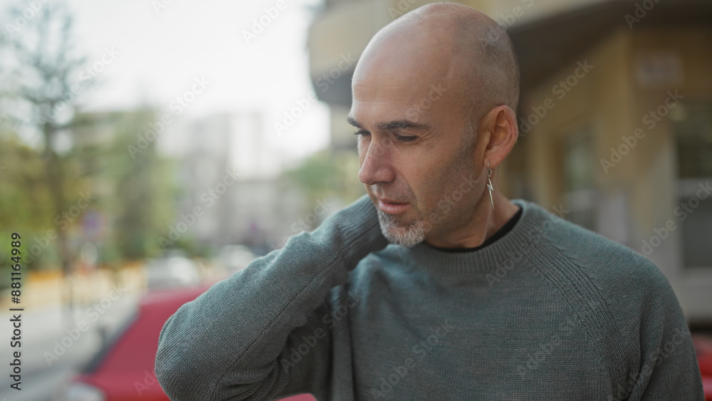 A handsome bald man with a beard and earring stands contemplative on a city street.