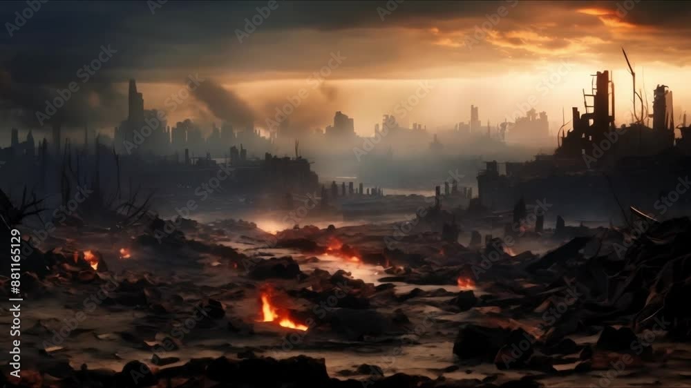 Apocalyptic Banner of a Devastated City After World War. Concept Apocalyptic Cityscape, Devastation, World War Fallout, Dystopian Landscape, Post-Apocalyptic Ruins Apocalyptic Banner of a Devastated City After World War. Concept Apocalyptic Cityscape, Devastation, World War Fallout, Dystopian Landscape, Post-Apocalyptic Ruins