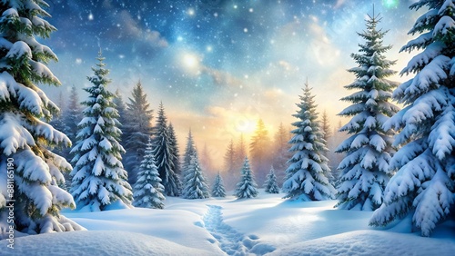 Snowfall in winter forest.Beautiful landscape with snow covered fir trees and snowdrifts.Merry Christmas and happy New Year greeting background with copy-space.Winter fairytale.