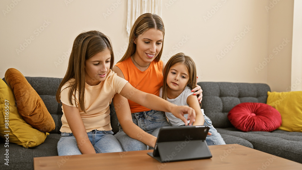 Young hispanic mother with two daughters using tablet on sofa indoors Young hispanic mother with two daughters using tablet on sofa indoors