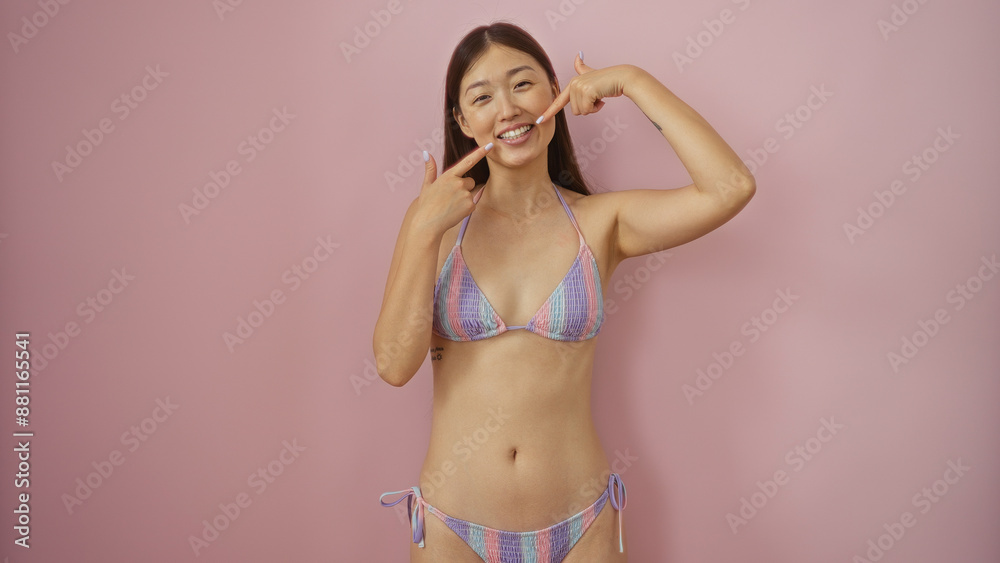 Naklejka premium Young chinese woman in a bikini pointing to her smile over an isolated pink background.