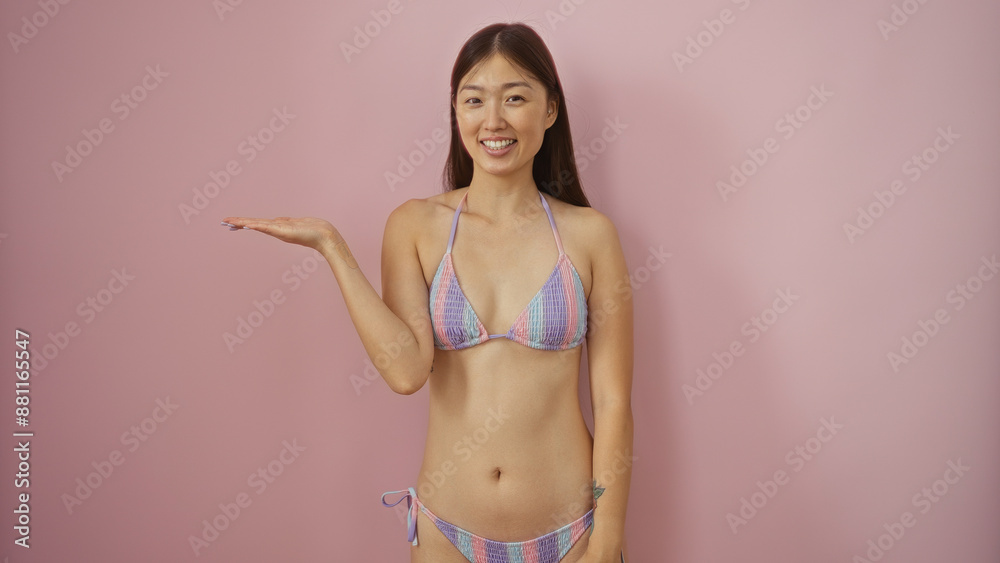 Woman in bikini smiling with open palm standing against pink wall Woman in bikini smiling with open palm standing against pink wall