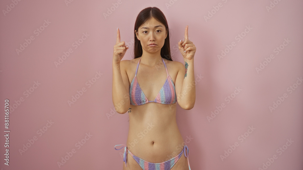 Young, chinese, woman in a colorful bikini posing against a pink background, isolated, looking thoughtful, attractive, with finger points upwards. Young, chinese, woman in a colorful bikini posing against a pink background, isolated, looking thoughtful, attractive, with finger points upwards.