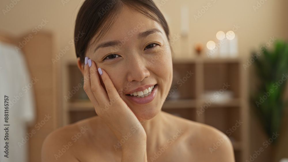 Young chinese woman smiling at spa wellness center indoors displaying beauty and relaxation Young chinese woman smiling at spa wellness center indoors displaying beauty and relaxation