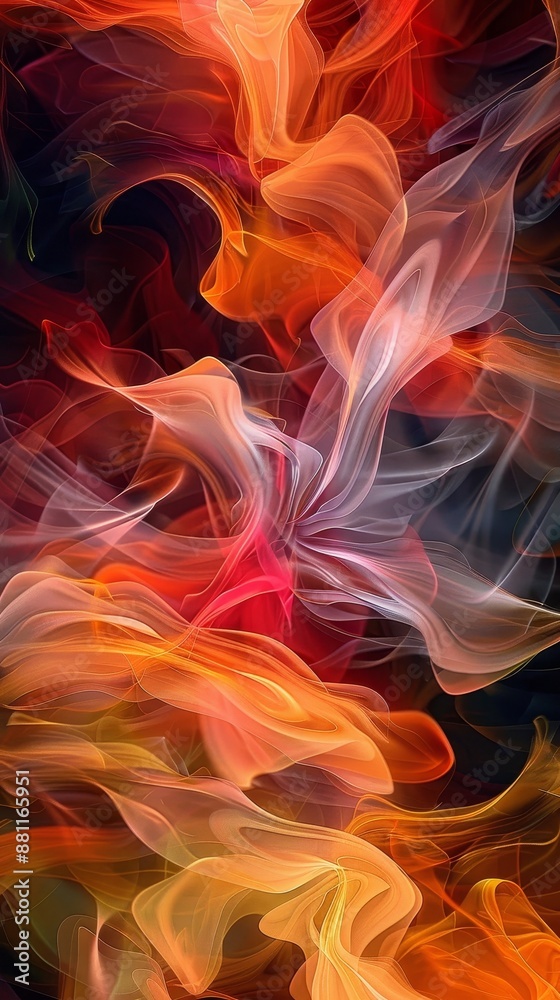 A painting of flames with orange and red colors. The flames are flowing and seem to be dancing. The painting has a sense of movement and energy