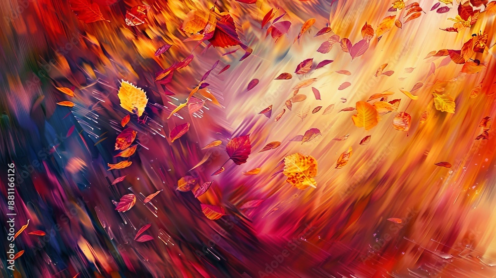 Fototapeta premium A painting of autumn leaves falling with a swirl of colors. The mood of the painting is serene and peaceful