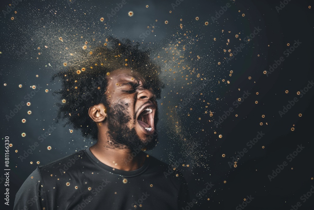 Action shot of black man sneezing microscopic viruses air. Black young man sneezing spreading germs and small viruses visibly. Black man's sneeze metaphorically represents spread of disease. Action shot of black man sneezing microscopic viruses air. Black young man sneezing spreading germs and small viruses visibly. Black man's sneeze metaphorically represents spread of disease.