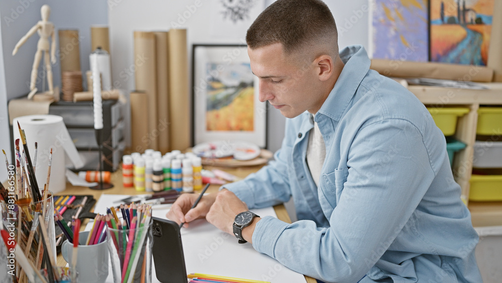 Fototapeta premium A young man sketches on a tablet in a brightly lit art studio, surrounded by colors and creativity.