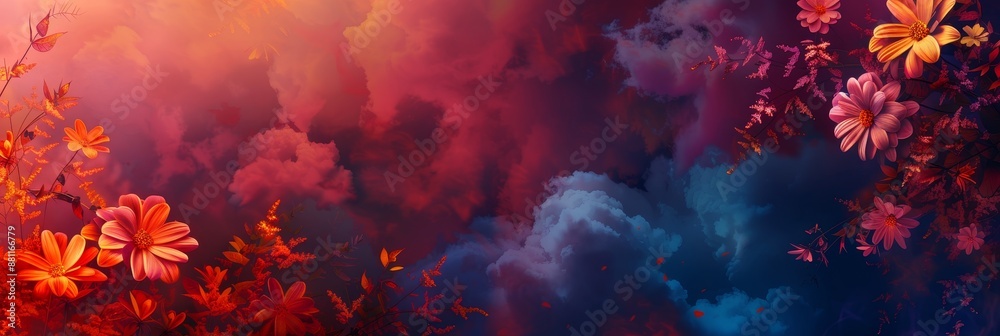 Fototapeta premium A colorful flower arrangement with a blue sky background. The flowers are in various shades of pink and purple, and the sky is filled with fluffy white clouds. Scene is cheerful and uplifting