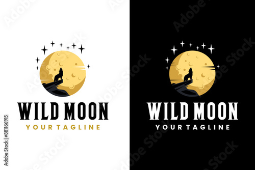 The Wolf Roars on the Hill with the full Moon shining logo design vector