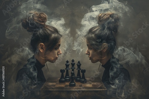Two women, each enveloped in a cloud of smoke, face each other across a chessboard. Their eyes meet, mirroring each other's intensity