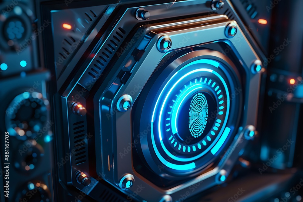 Digital safe and fingerprint icon illustrating hacking prevention, bright blue accents, Digital safe and fingerprint icon illustrating hacking prevention, bright blue accents,
