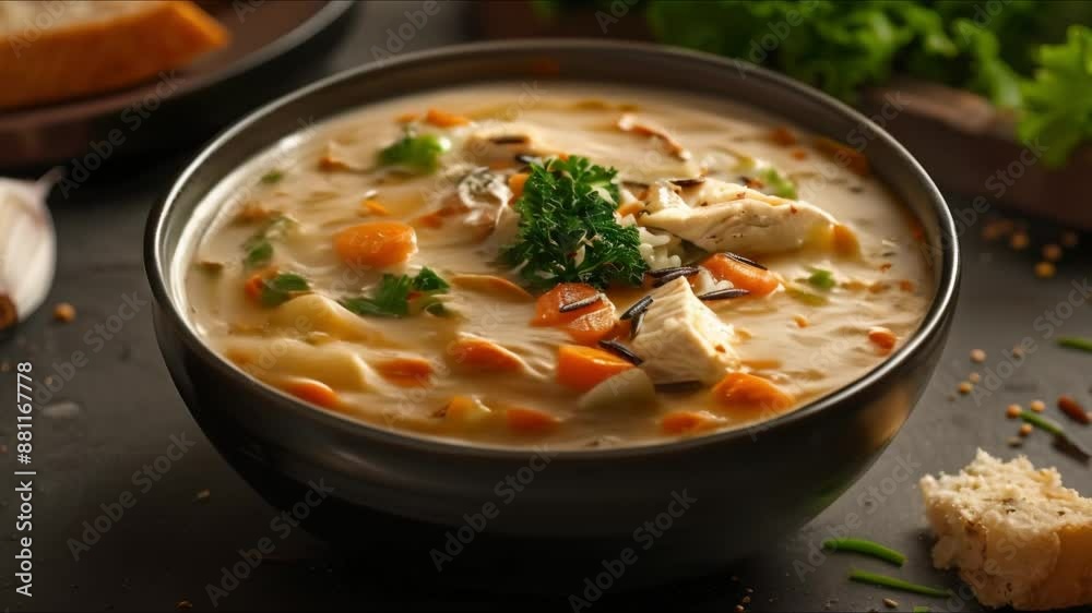 Creamy wild rice soup a Midwest staple with green vegetables and poultry. Concept Midwest Cuisine, Creamy Soup, Wild Rice Dish, Green Vegetables, Poultry Recipe Creamy wild rice soup a Midwest staple with green vegetables and poultry. Concept Midwest Cuisine, Creamy Soup, Wild Rice Dish, Green Vegetables, Poultry Recipe