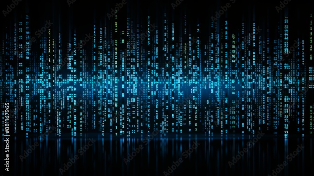 Blue binary code on dark backdrop, representing information technology and digital data transmission Blue binary code on dark backdrop, representing information technology and digital data transmission