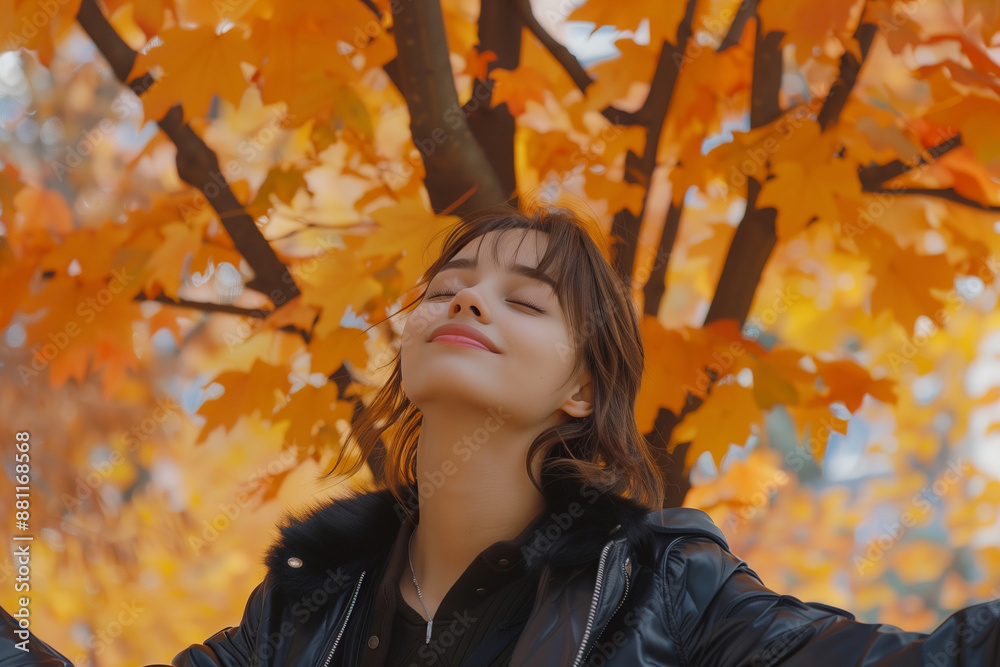 Enjoying autumn breeze under vibrant maple tree Enjoying autumn breeze under vibrant maple tree