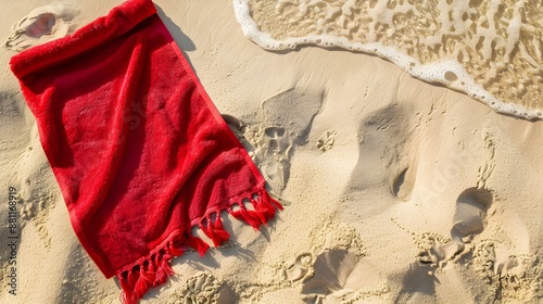 Top View of a red Towel on Sand. Beautiful Beach Vacation Background 