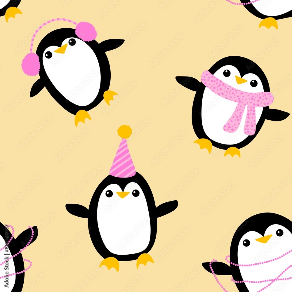 Obraz premium Cartoon festive animals seamless birthday decor and penguin pattern
