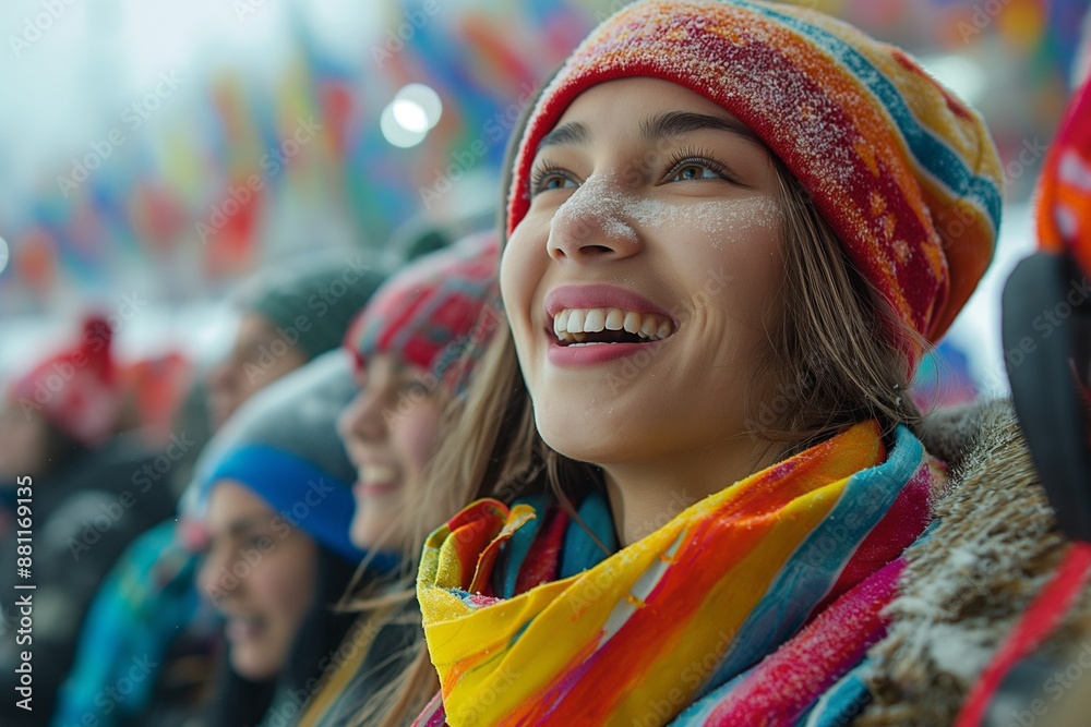 A joyful crowd at the Winter Olympics, featuring a smiling young woman with a colorful hat and scarf, celebrating in the snow. A joyful crowd at the Winter Olympics, featuring a smiling young woman with a colorful hat and scarf, celebrating in the snow.
