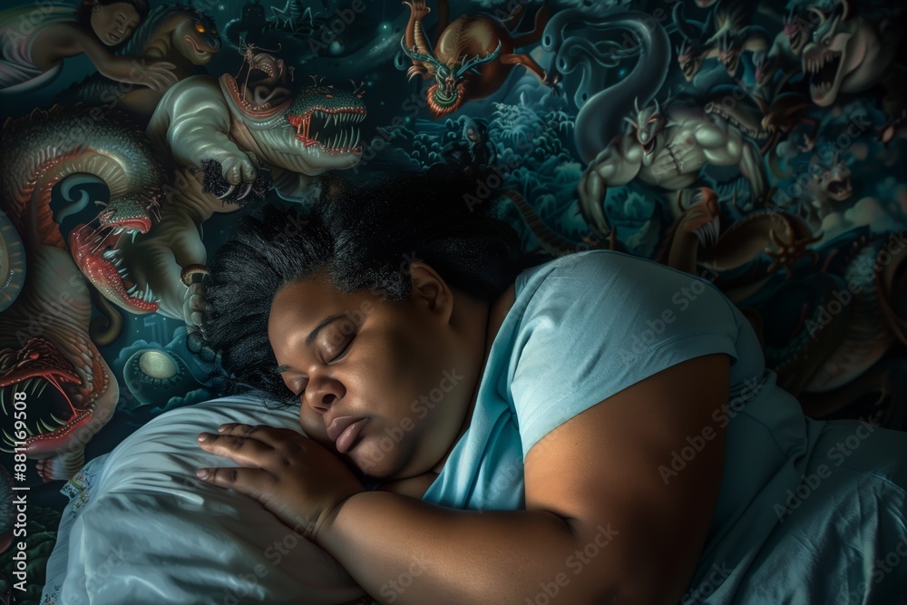 Tranquil sleep contrasts vivid and imaginative scene of creatures. Nighttime brings tranquility amidst vivid fantasy of nightmare creatures. Fantasy allegory subconscious and its battles. Tranquil sleep contrasts vivid and imaginative scene of creatures. Nighttime brings tranquility amidst vivid fantasy of nightmare creatures. Fantasy allegory subconscious and its battles.
