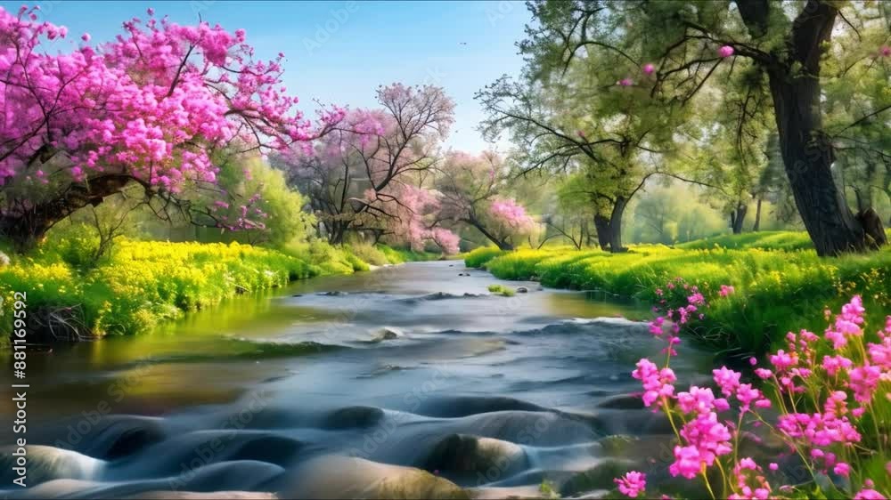 Flowering Trees Adorning a Riverbank in a Serene Scene: Nature's Beauty Intertwined with Flowing Waters. Concept Nature Photography, Landscape Scenery, Flowering Trees, Riverbank Views Flowering Trees Adorning a Riverbank in a Serene Scene: Nature's Beauty Intertwined with Flowing Waters. Concept Nature Photography, Landscape Scenery, Flowering Trees, Riverbank Views