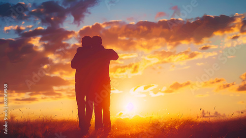 familia nieto y abuelo padre e hijo juntos demostrandose amor y respeto al atardecer en el campo afecto generacional photo