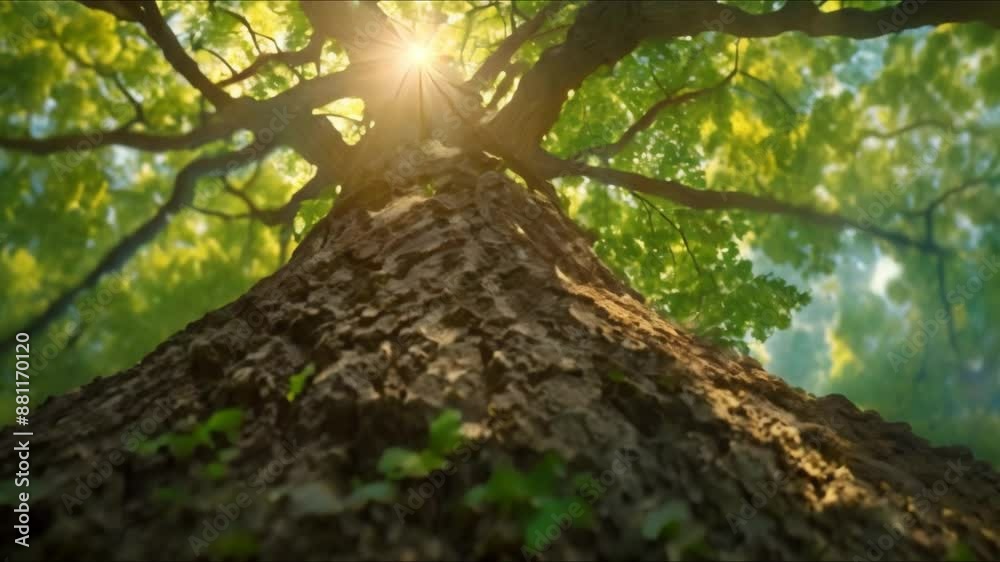 Powerful tree standing tall covered in lush foliage in the sunlight. Concept Nature, Tree, Foliage, Sunlight, Landscape Powerful tree standing tall covered in lush foliage in the sunlight. Concept Nature, Tree, Foliage, Sunlight, Landscape