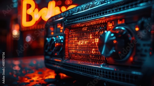 Close-up of a vintage radio, vibrant retro advertisements in the background, a nostalgic journey