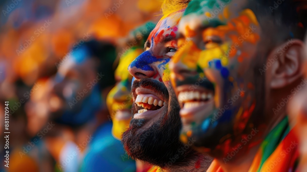 Close-up of enthusiastic fans cheering, faces painted in team colors, with the football field in the background Close-up of enthusiastic fans cheering, faces painted in team colors, with the football field in the background