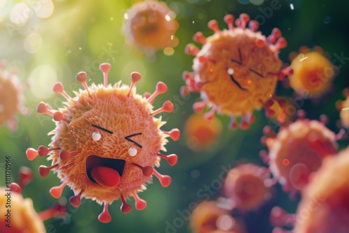 Vibrant virus character sneezing capturing feeling of infection and germ. Whimsical virus sneezing illustration exemplifying contagious essence. Sneezing figure represents  photo