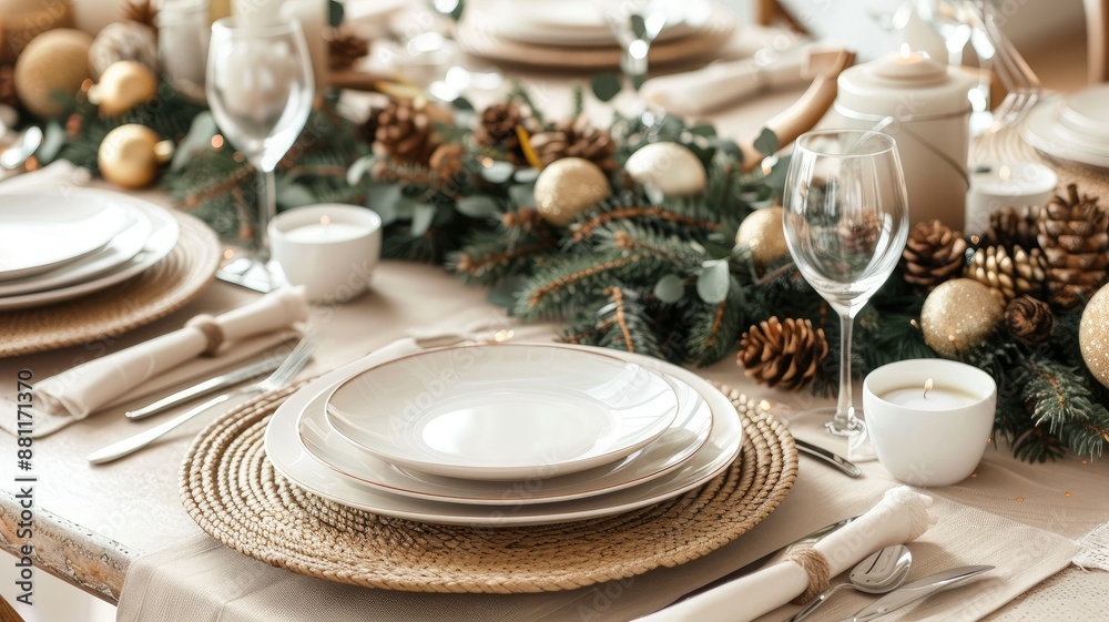 Elegant holiday table setting with candles, ornaments, and greenery Elegant holiday table setting with candles, ornaments, and greenery
